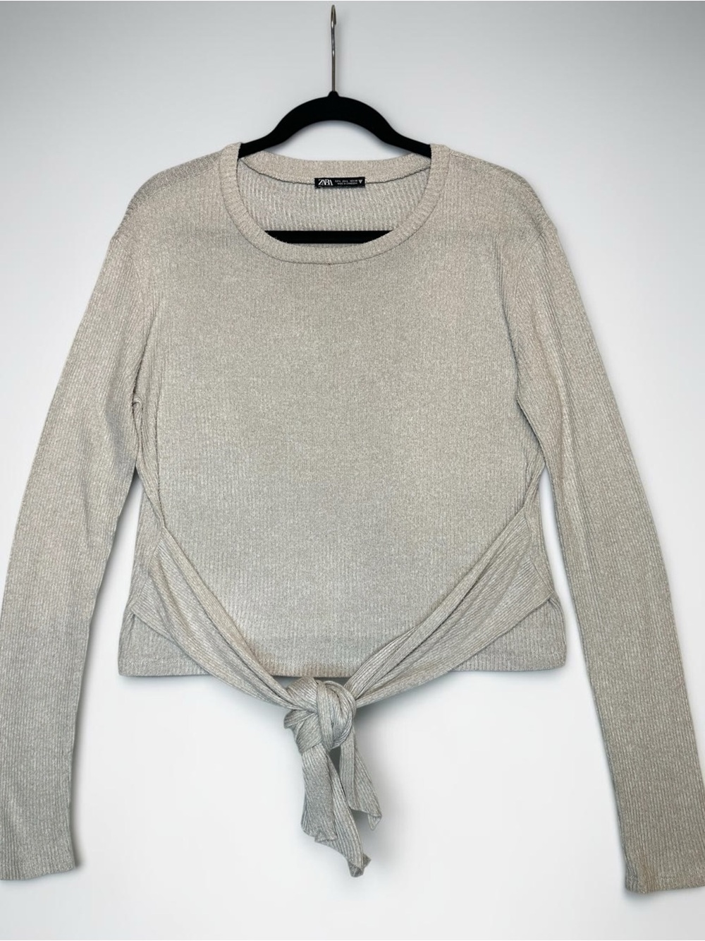 Zara Ribbed Knit Tie-Front Long Sleeve Top Sz L